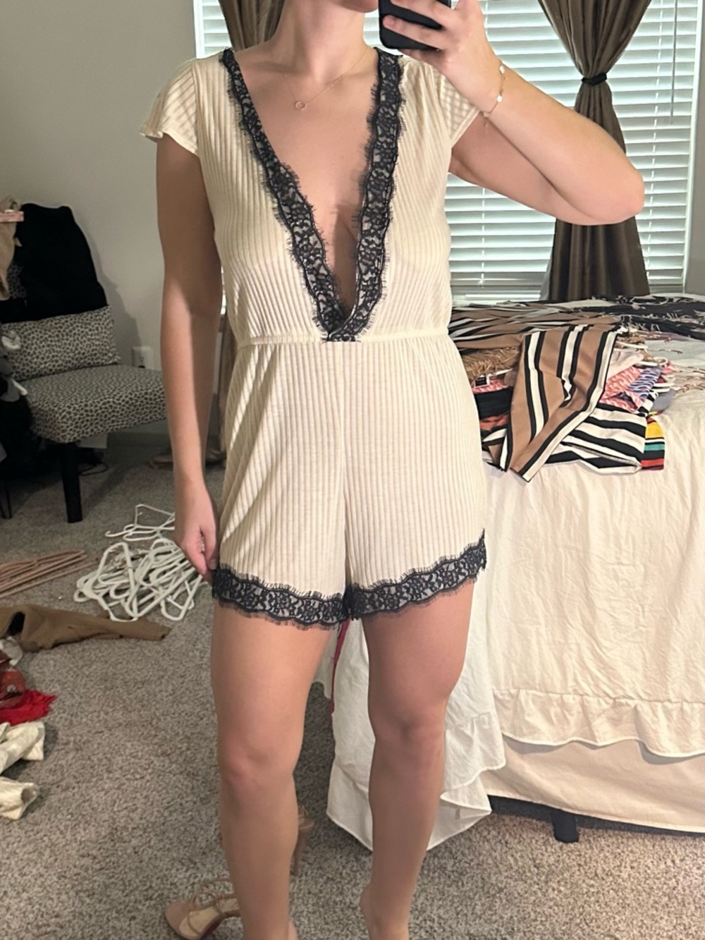 Free People Cream Ribbed Lace-Trim Deep V Romper